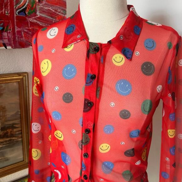 red sheer unif smiley face button up long sleeve shirt - Picture 2 of 3